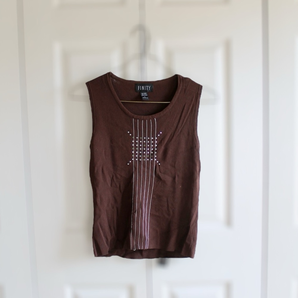 Finity Geometric Pattern Rhinestone Brown Tank Top